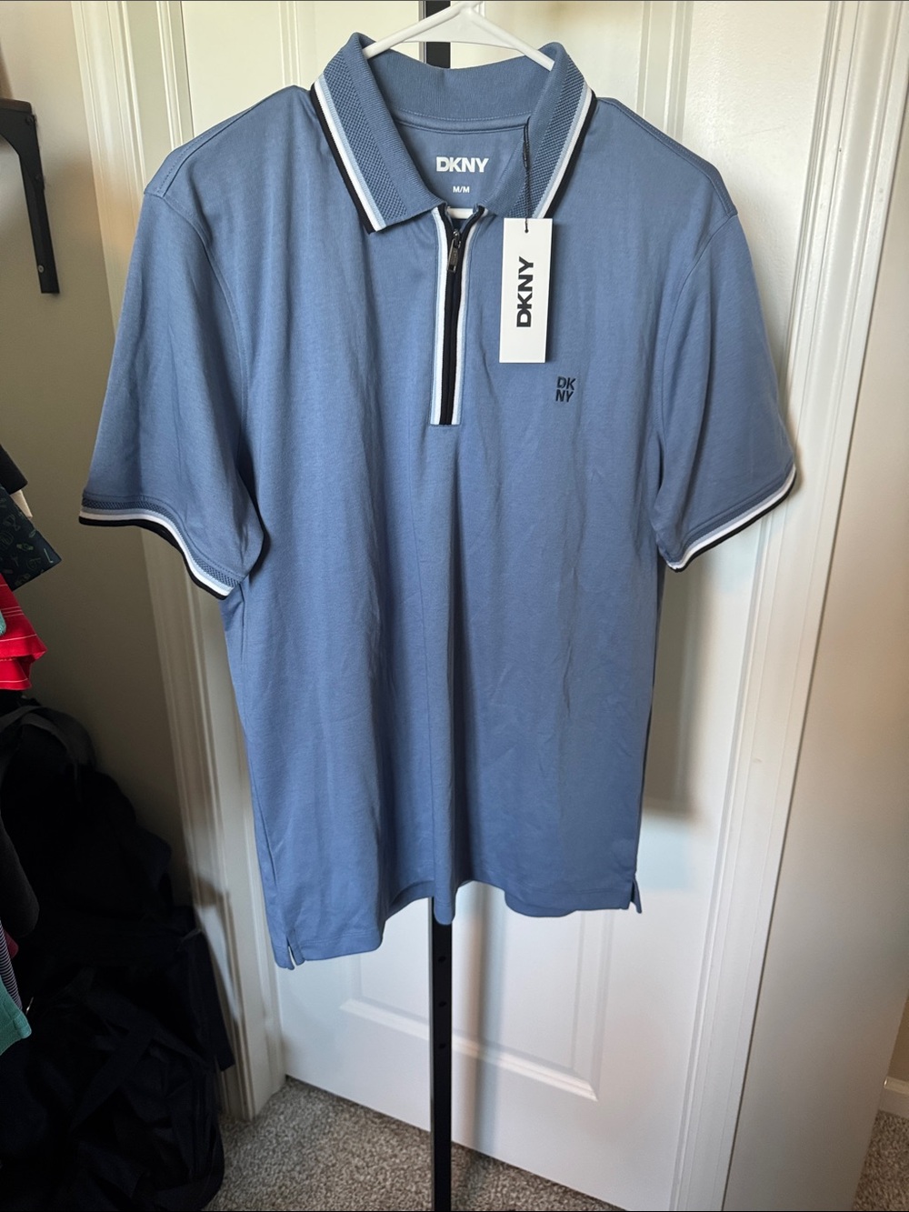 DKNY Men's Light Blue Polo with Contrast Trim and Zip